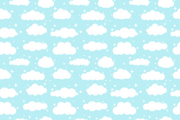 Seamless pattern with cloud, clouds on blue background. Vector illustration of weather elements for kids. Design for nursery, for sleep, for fabrics