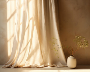 A warm and cozy scene with a textured background in earthy tones of beige and brown. The gentle sunlight filters through a linen curtain, casting intricate shadows that add depth and warmth
