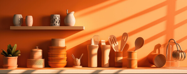 An invigorating and invigorating scene featuring a vibrant orange background, radiating a warm glow that enhances the earthy textures of a display of wooden kitchen utensils set against