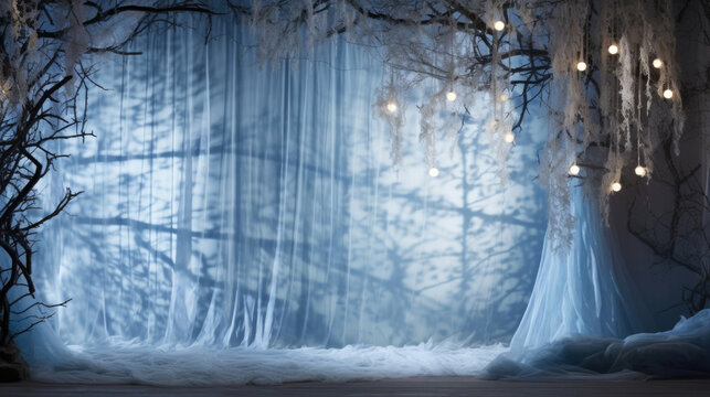 A hauntingly beautiful scene of a moonlit forest illuminated by a soft blue light shining through a lace curtain. The intricate tree branches cast eerie shadows, perfect for highlighting