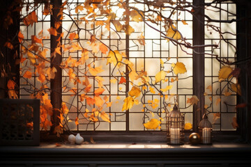 A rich, autumnal scene featuring a warm, golden light streaming through a cracked, antique stained glass window. The intricate shadows of leaves and branches conjure a cozy atmosphere,