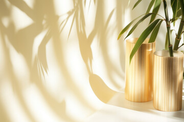 A luxurious scene of a bamboo gentle light background with a modern metallic twist. The bamboo...