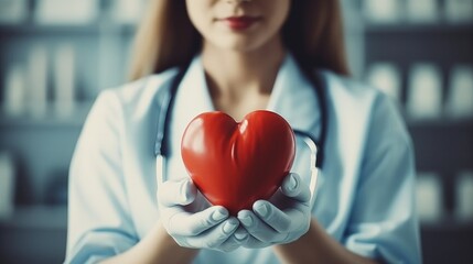 Closeup female doctor holding red heart shape in hand.
