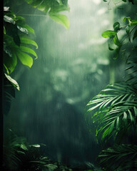 A misty jungle background captured during a rainy season. The soft, blurred light filtering through the window creates a dreamy atmosphere, and the wet leaves add texture and freshness