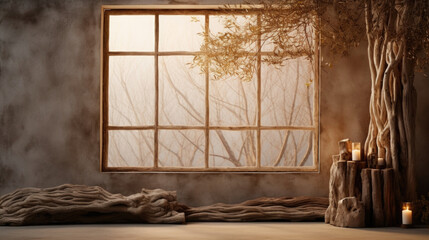 A rustic jungle setting with weathered wooden branches and textured tree trunks. The warm, golden light filtering through the window creates a cozy and intimate atmosphere, making it an