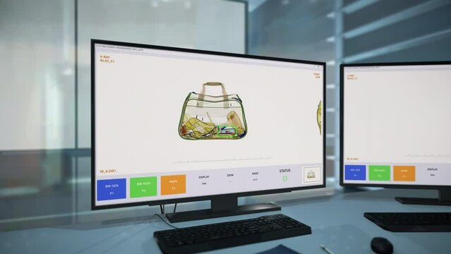 Innovative Baggage Scanner Projecting Computer Software Interface Detects Prohibited Object. X-ray Scanner Projection On A Modern Computer Screen. Scanner Projection Computer Monitoring System.