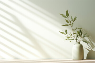 A captivating minimalistic abstract gentle light background featuring a combination of earthy brown and light green hues. The window casts intricate shadow patterns of leafy plants onto