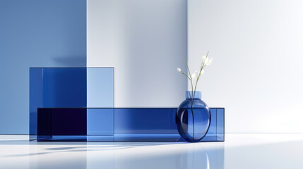 A stunning minimalistic abstract gentle light background featuring a sophisticated color palette of deep navy blue and soft silver. The window casts intricate shadow patterns of geometric