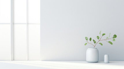 A minimalist and refreshing abstract background featuring a clean and crisp color palette. The light from a window creates a soft gradient of shadows on a smooth, white surface. The overall