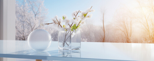 A bright winter afternoon picture showcasing a vibrant burst of natural sunlight, illuminating a glass table and highlighting its transparency, evoking a refreshing and modern aesthetic.