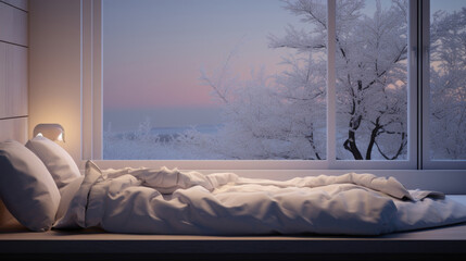 A winter twilight scene displaying soft pastel tones seeping through the window blinds, casting intricate shadows on a crisp white bedsheet, enhancing the purity and tranquility of the
