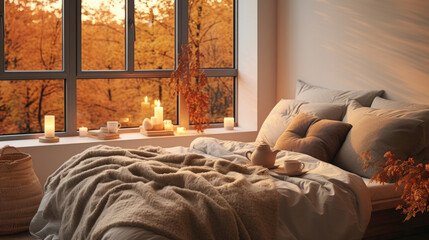 An autumninspired scene comes to life in this scene featuring a Scandinavian bedroom. The warm golden light pours in through the window, casting intricate shadows on a rich, textured linen