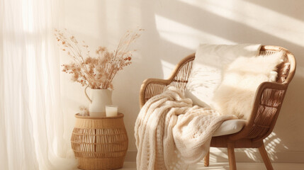 A cozy winter boho backdrop featuring a knitted creamcolored blanket dd over a wicker armchair. The sunlight streaming through a frosted window leaves intricate shadow patterns on the