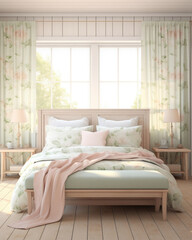 A picturesque farmhouse bedroom suffused with the gentle hues of early spring. Soft pastel shades of pale pink and light green complement the delicate floral patterns on the curtains,