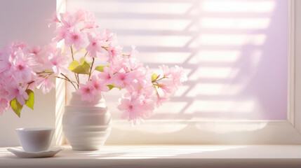  A picturesque background capturing the essence of a peaceful spring morning. Soft sunlight enters through a window blind, casting a gentle shadow of blooming flowers