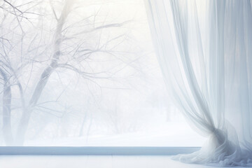  An ethereal background portraying a peaceful winter scene. The soft, diffused light filters through a frostcovered window, casting delicate and intricate shadows on a