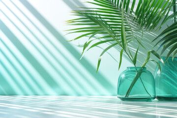 A refreshing summer scene with a water backdrop in vibrant shades of turquoise and emerald green. Sunlight streams through the window, casting playful shadows of palm leaves, creating