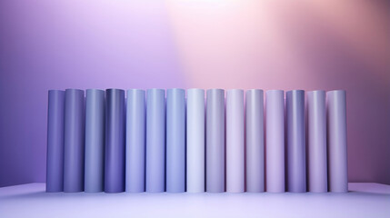 An ethereal lilac background with the gentle light of dawn streaming through a curtain, casting intricate shadows on a stack of colorful pastel paint tubes.