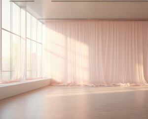 An enchanting scene of a dance studio bathed in soft, pale pink light, reminiscent of a dreamy winter morning. The delicate shadows of flowing curtains and ballet bars add an ethereal