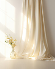 An elegant, minimalist background with a white wall bathed in soft, golden light from a window covered in , flowing curtains. The simplicity of this scene emphasizes the product, making