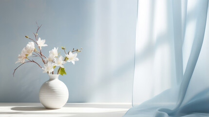 An scene featuring a serene blue background, reminiscent of a sunlit sky on a clear spring day. The soft, gentle light filters through delicate, curtains, casting soft shadows on a subtly
