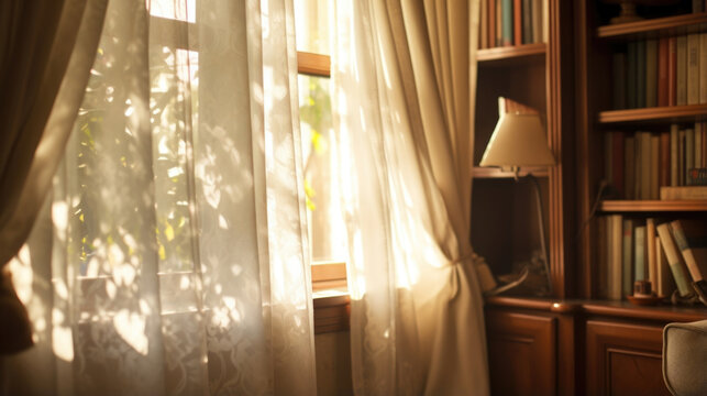 A peaceful scene featuring a study nook in a library, with soft morning light filtering through a delicate curtain. The intricate shadows cast by the window frame and the gentle swaying
