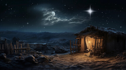 Religious Christmas story of Jesus being born in Bethlehem Shed - obrazy, fototapety, plakaty