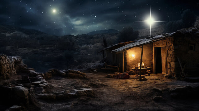 Jesus born in Bethlehem Barn With Star. Christian Religious Christmas.