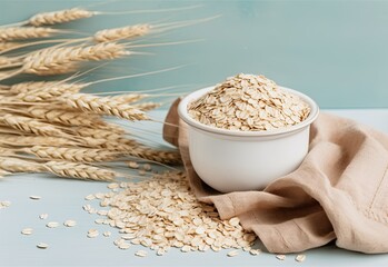 Bowl of dry oat flakes with ears of wheat on light background