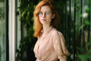 Young Fictional Cute Redhead Lady Wearing Glasses. Realistic Digital Painting Portrait. Generative AI Illustration.