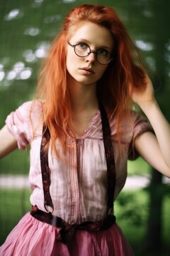 Young Fictional Cute Redhead Woman Wearing Glasses. Realistic Digital Painting Portrait. Generative AI Illustration.