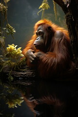 Thoughtful Orangutan on a Tree Branch in the Jungle AI Generated