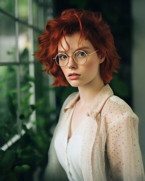 Young Fictional Cute Ginger Woman Wearing Glasses. Realistic Digital Painting Portrait. Generative AI Illustration.