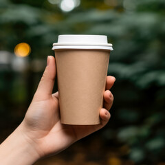 A hand holding out a disposable brown paper coffee cup.