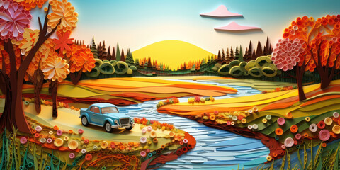 Paper quilling illustration of a car in the countryside