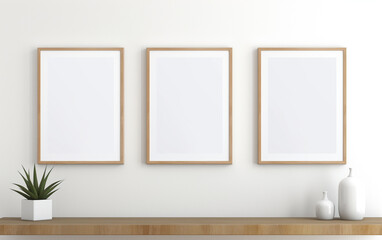 three wooden frame on white wall, frame mockup, 3d render