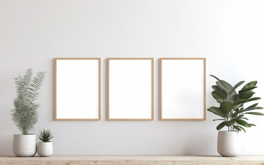 three wooden frame on white wall, frame mockup, 3d render