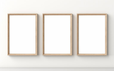 three wooden frame on white wall, frame mockup, 3d render