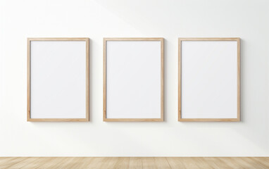 three wooden frame on white wall, frame mockup, 3d render