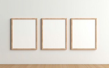 three wooden frame on white wall, frame mockup, 3d render