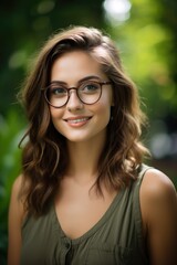 Smiling young brunette posing at a beautiful garden wearing eyeglasses looking at the camera