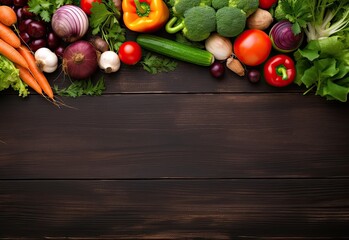 Frame of fresh vegetables on a wooden background