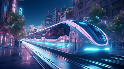 Fototapeta premium City Street with a Maglev (Magnetic Levitation) Train on style of Sci-fi Holographic Gradients Cityscape - AI Generated
