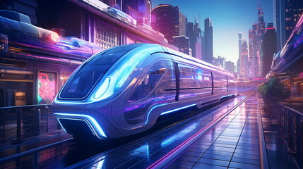 Fototapeta premium City Street with a Maglev (Magnetic Levitation) Train on style of Sci-fi Holographic Gradients Cityscape - AI Generated