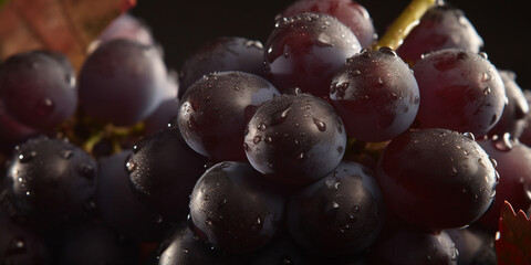 Bunch of black grapes with drops of water on a dark background