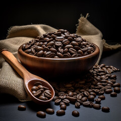 Obraz premium Coffee beans in a sack on a wooden table with a wooden spoon. 