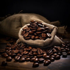 Coffee beans in a sack on a wooden table with a wooden spoon. 
