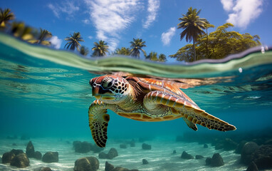 Obraz premium Turtle - eretmochelys imbricata floats under water. maldives indian ocean