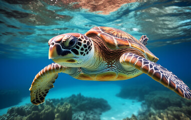 Fototapeta premium Turtle - eretmochelys imbricata floats under water. maldives indian ocean