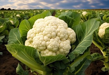 Close-up of ripe cauliflower in the field - obrazy, fototapety, plakaty
